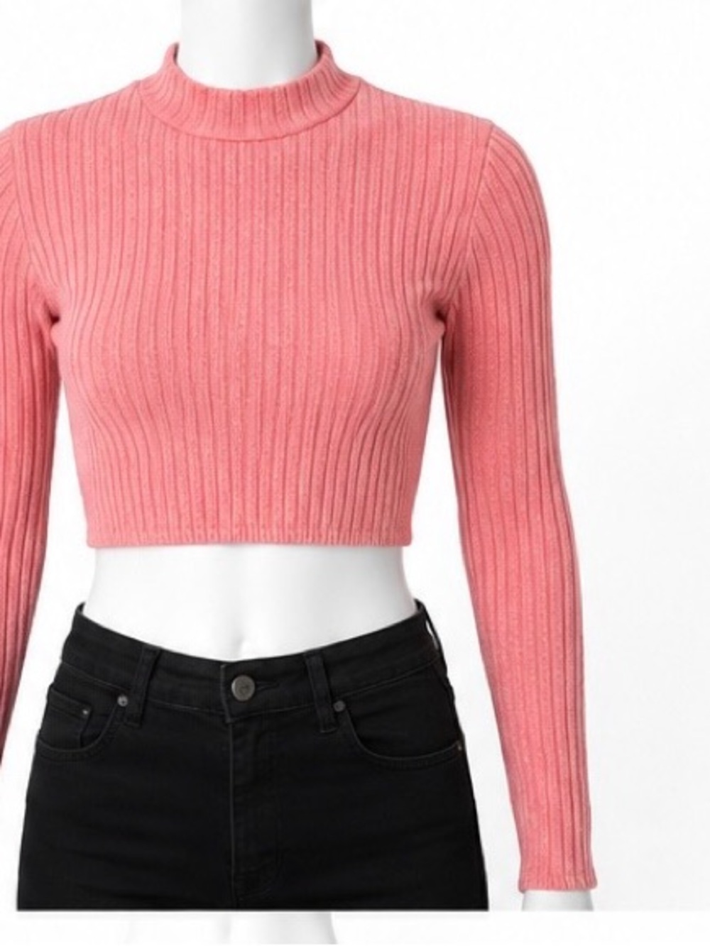 Ribbed Long-Sleeve Cropped Top in Pink